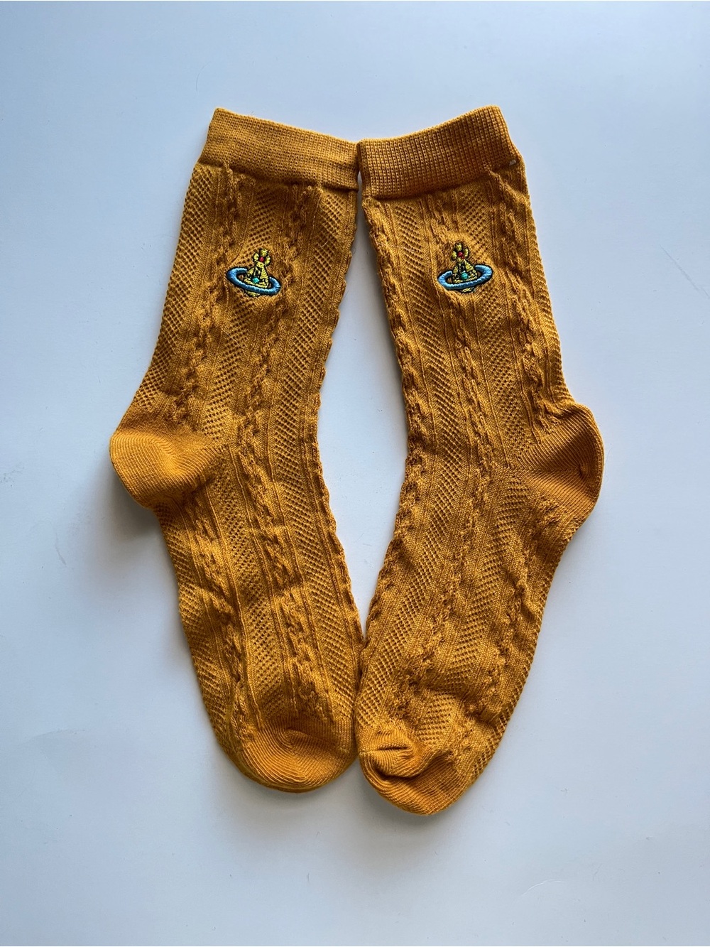 Vivienne Westwood Mustard Yellow Cable Crew Socks with Orb Patch